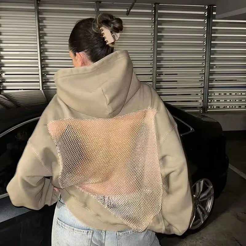 Womens Backless Mesh Hoodie